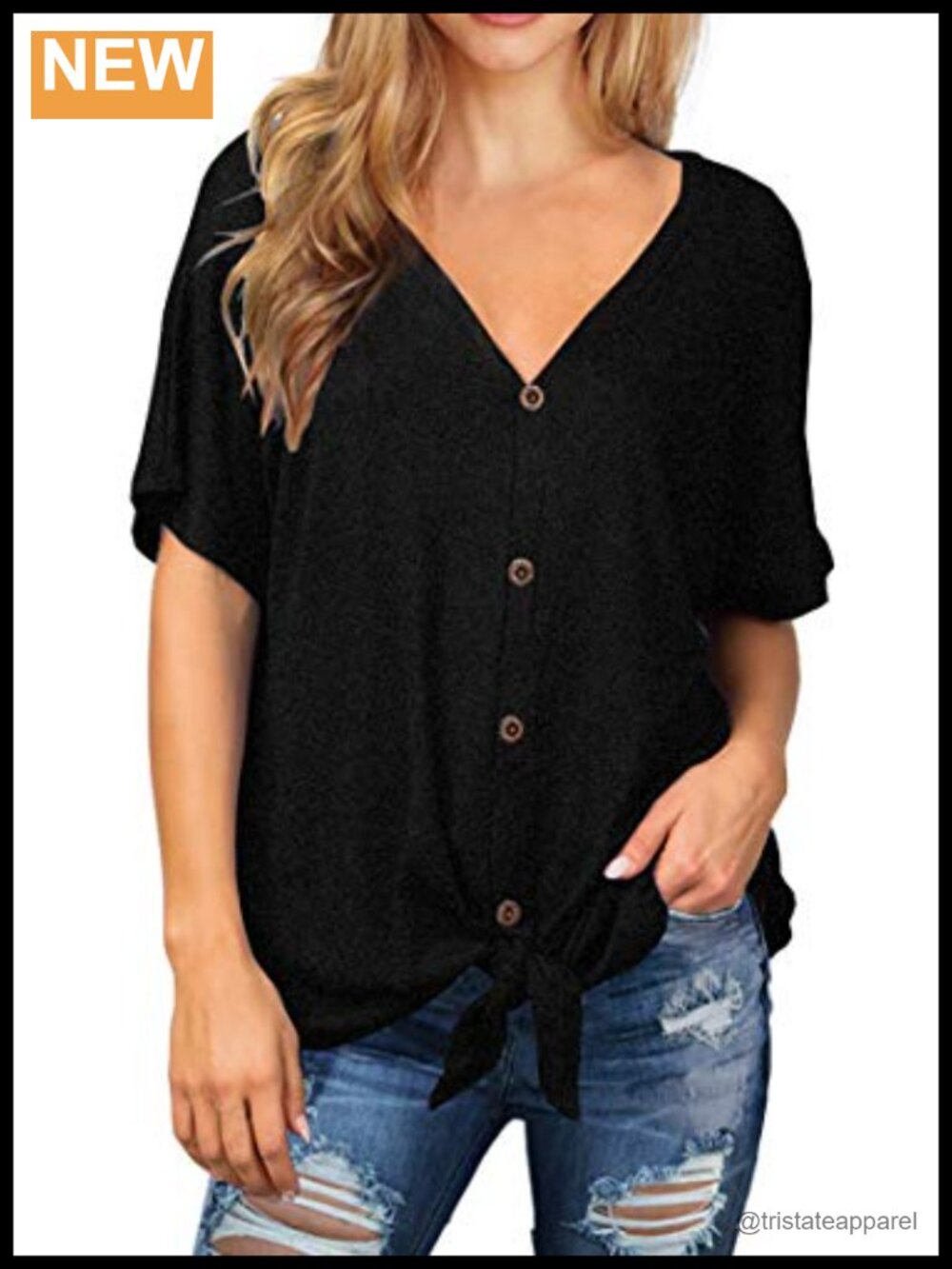 Waffle Knit Tunic Blouse Tie Knot Short Sleeve Henley Top Loose Batwing Shirt